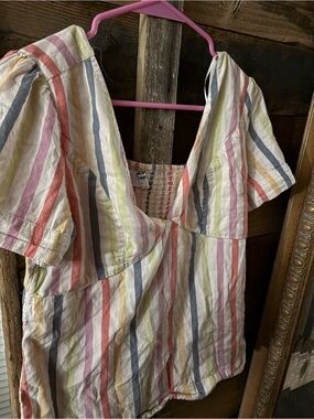 Striped Cotton V-Neck Peasant Top - Multicolor